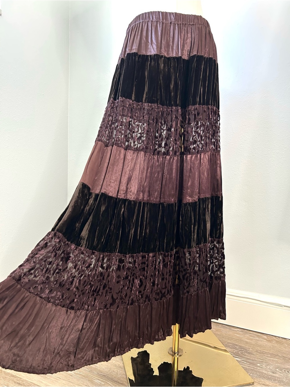 Bohemian Brown Satin Velvet Sheer Leopard Tiered Midi Skirt Womens L